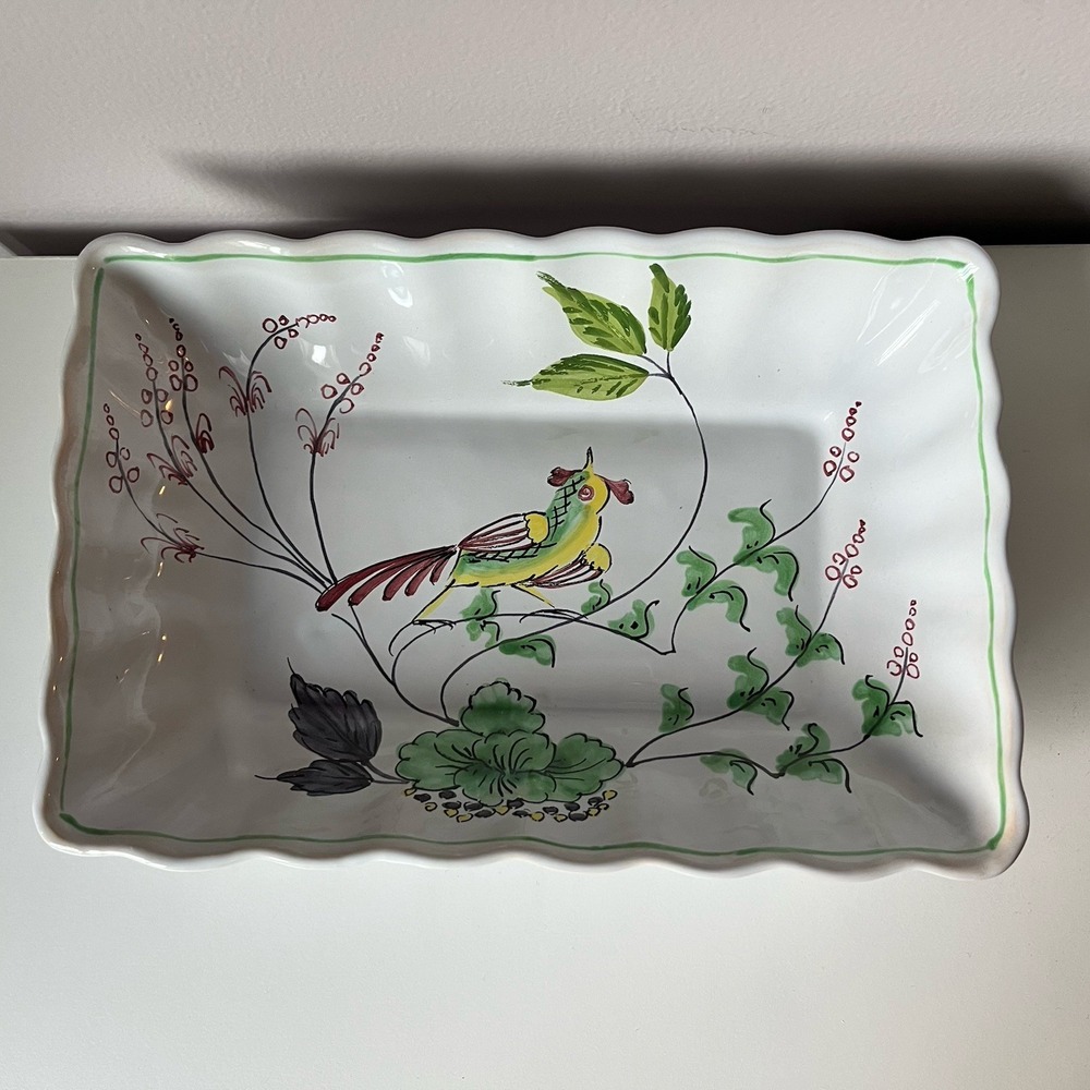 Saks Fifth Ave Serving Dish Made in Italy Exotic Bird Floral Signed Hand Painted